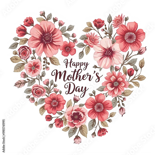 Happy mothers day floral heart with pink flowers isolated on transparent background