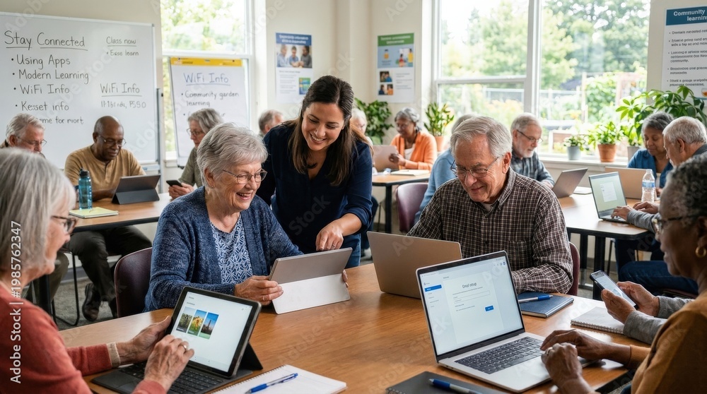 Fototapeta premium Seniors engaged in a technology education session in a bright classroom, attentive faces, modern devices and supportive interaction, clear daylight and empowering community atmosphere,
