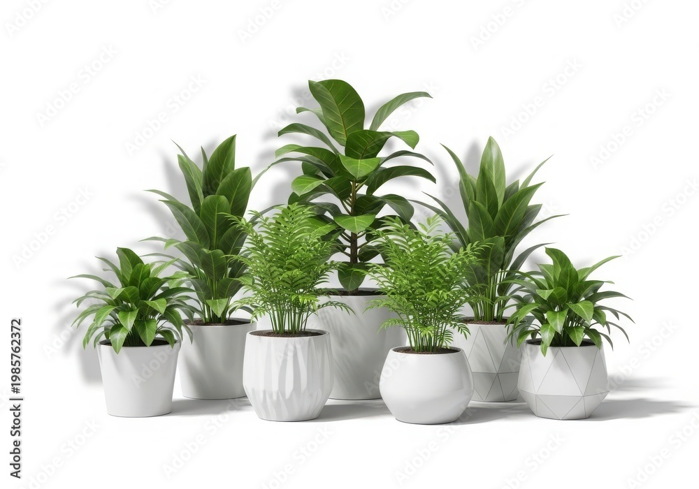 Fototapeta premium Collection of potted tropical plants arranged in a modern indoor setting