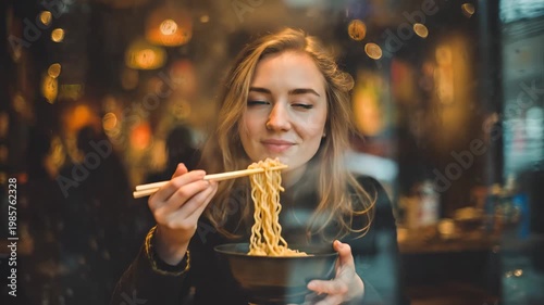 Eating noodles in a busy restaurant with warm lighting and a cozy vibe
