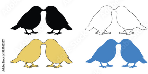 Set of 4 Kissing Birds Silhouette Vector Illustrations
