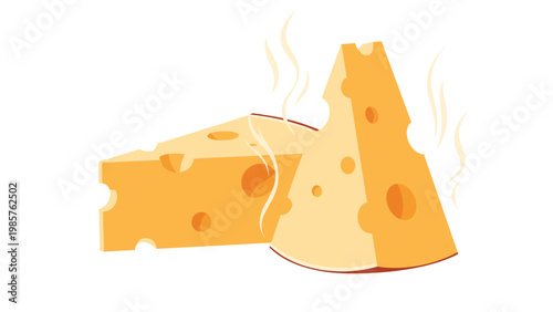 Detailed illustration of two large Swiss cheese wedges with characteristic holes and rising steam representing freshness or melting quality.