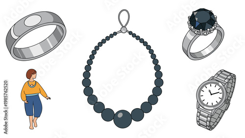 Assorted fashion accessories including rings, pearl necklace, diamond engagement ring, and luxury wristwatch shown with a small fashion figure.