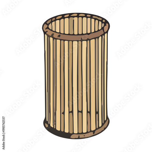 Hand drawn wooden slatted cylindrical container illustration
