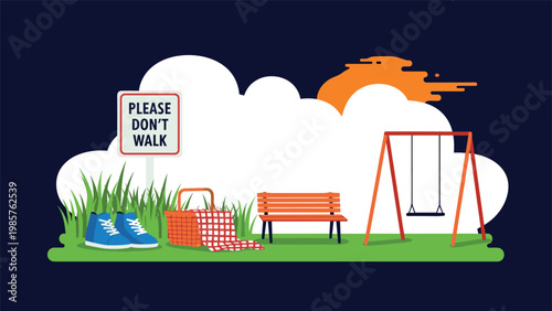 Peaceful public park landscape featuring a picnic basket on a blanket, blue sneakers, a wooden bench, and a swing set under a bright sky.