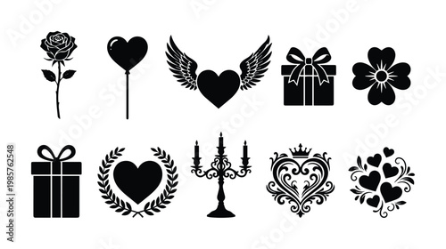 Set of 10 Black Silhouette Valentine's Day and Wedding Vector Icons