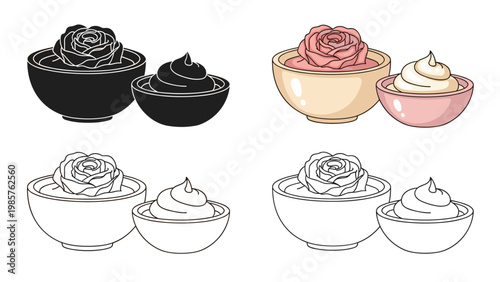 Collection of spa products featuring rose-shaped cream and lotion in decorative bowls presented in color, line art, and silhouette styles.