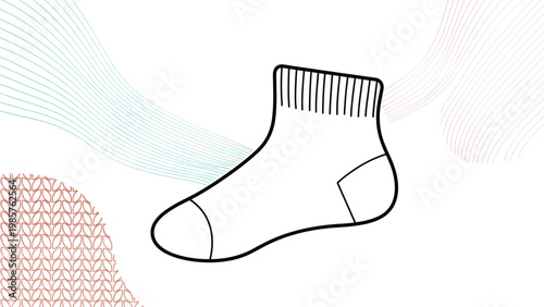 Single white cotton sock with ribbed texture shown against a creative background with wavy lines and knit patterns for garment display.