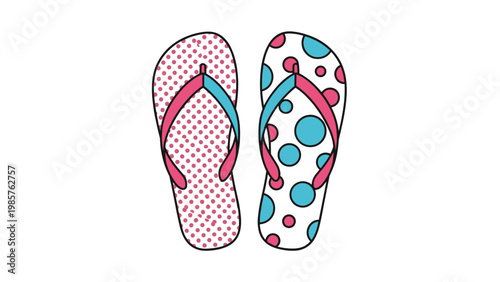 Pair of colorful summer flip-flops featuring pink and blue polka dot patterns and contrasting straps for a beach or pool holiday theme.