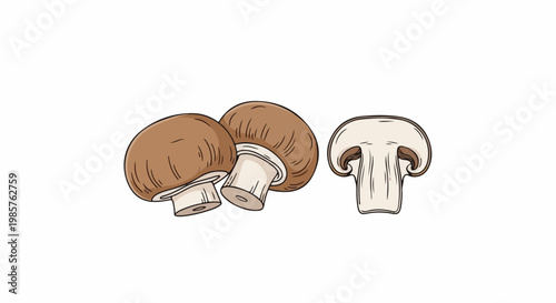 Cartoonish brown mushrooms, one halved showing gills, isolated on white