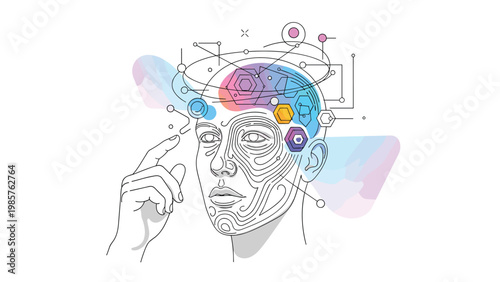 Conceptual illustration of a human head with intricate digital circuits, colorful shapes, and geometric patterns representing artificial intelligence.