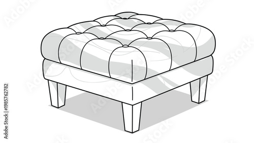 Stylish square upholstered ottoman with deep tufted buttons and white wooden legs presented in a clean and minimal furniture illustration.