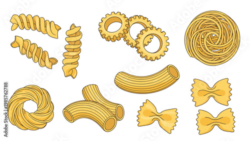 Assorted collection of dried pasta shapes including fusilli, macaroni, farfalle, and rotelle for culinary and cooking projects.