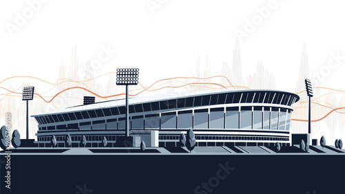 Majestic modern sports stadium building with tall floodlights and a sleek architectural design shown against a stylized waveform background.
