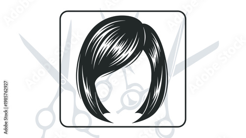 Stylish bob haircut icon for women presented in a square frame with ghosted hair salon scissors in the background for a hairdresser theme.