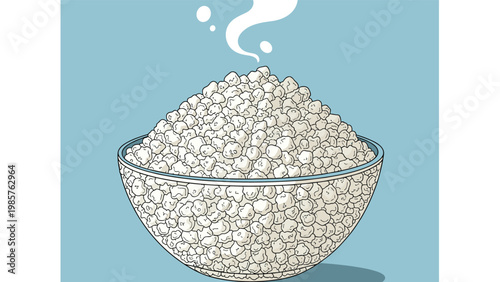 Large ceramic bowl filled with a high pile of fluffy white popcorn with rising steam against a soft blue background for movie snack theme.