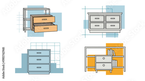 Assorted modern furniture pieces including wooden dressers with drawers and minimalist shelving units in clean flat vector styles.