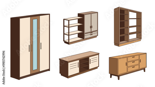 Collection of contemporary home storage furniture including wardrobes, media consoles, and open shelving units in various wood finishes.