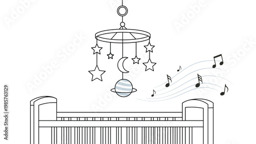 Baby crib line art drawing with a musical mobile hanging above featuring stars, a crescent moon, and ringed planet.