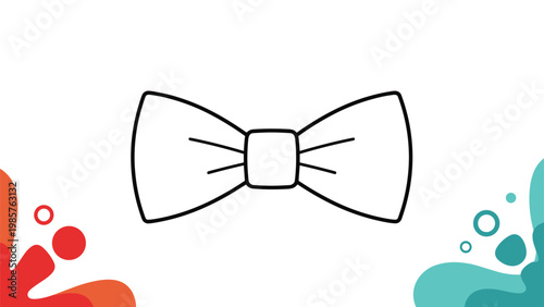 Simple black and white line drawing of a formal bow tie with colorful abstract ink splashes in the corner borders.