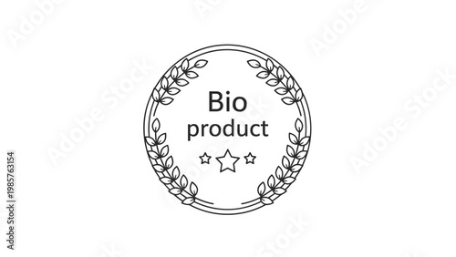 Circular stamp design with the words bio product inside a laurel wreath with three stars for organic certification.