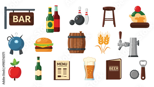 Large set of bar and pub icons including beer bottles, burger, bowling pins, menu, and barbeque equipment in flat style.