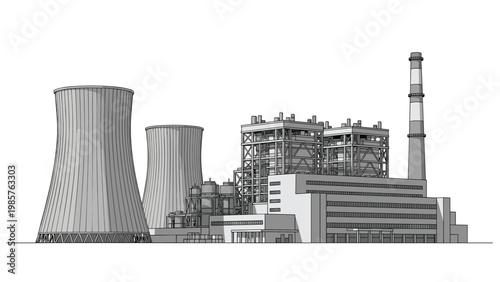 Detailed grayscale illustration of a large industrial power plant with cooling towers and complex factory structures.