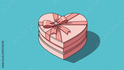 Isometric view of a heart-shaped pink gift box tied with a matching ribbon and bow on a simple light blue background.