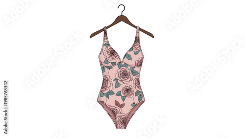 One-piece women swimsuit featuring a pink floral pattern with detailed roses hanging on a classic wooden hanger.