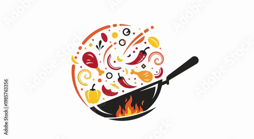 A wok with flaming fire and colorful ingredients, creating a culinary explosion