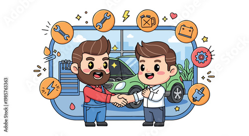 Two cartoon characters exchanging a large green dollar bill with digital icons and financial symbols in a colorful