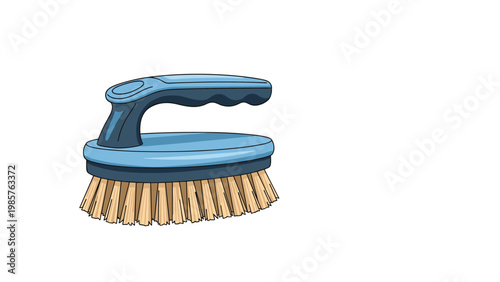 Blue plastic cleaning brush with an ergonomic handle and stiff beige bristles for household scrubbing and laundry.