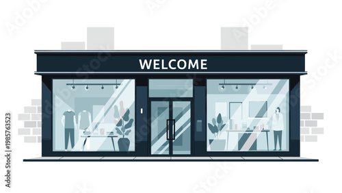 Modern clothing store front view featuring a welcome sign, glass windows with mannequins, and fashion displays in a monochrome palette.