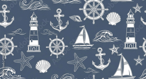 Nautical Seamless Pattern with Lighthouse Sailboat Anchor Waves and Sea Elements on Blue Background