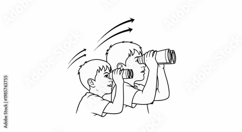 Two children looking through binoculars with upward curved arrows above them