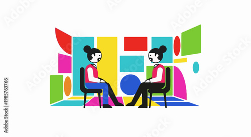 Two figures converse amidst a vibrant abstract geometric backdrop of colors