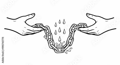 Two hands holding a broken chain with water droplets falling