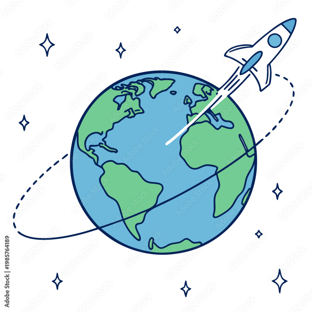 Naklejka premium Minimal rocket ship flying around planet artwork.