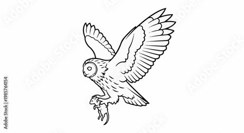 A black and white line drawing of an owl with wings spread, carrying a mouse in its talons