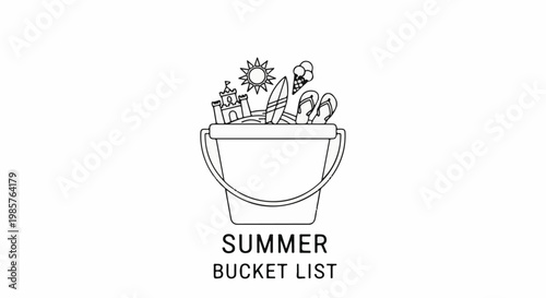 A black and white illustration of a bucket full of summer items