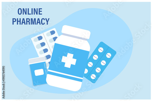 Online pharmacy concept. Medicine ordering with mobile phone and shopping bag vector render illustration
