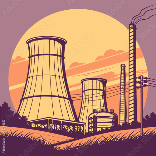 Industrial power plant with cooling towers.