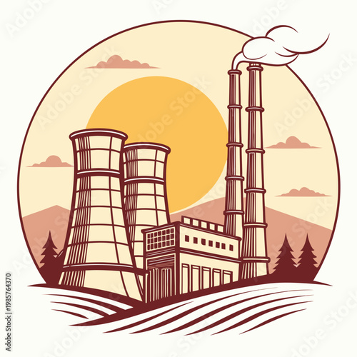 Valokuva Thermal power station with smoke and rising sun.