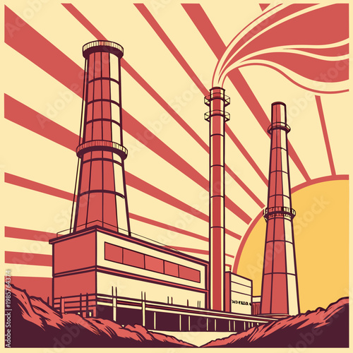Power plant with smokestacks emitting smoke.