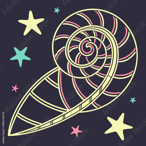 Abstract nautilus shell with stars and colors.