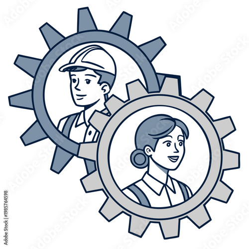 Construction workers inside gears collaborating on project.