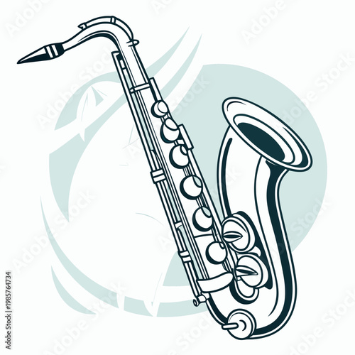 Artistic saxophone sketch on blue abstract wave.
