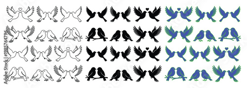 Set of 24 Love Birds Vector Icons in Outline, Black, and Blue Styles