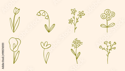 Abstract Flowers Hand Drawn Vector Icons Set. Monochrome Design Elements Isolated. Perfect For Print, Stickers, Cards, Packaging, Stationery or Textile.