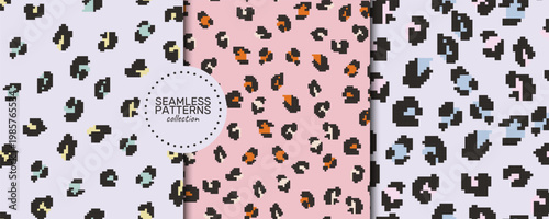 A seamless vector patterns collection of pixelated leopard prints in black, teal, mustard, orange and pink on soft lavender, pink and blue backgrounds